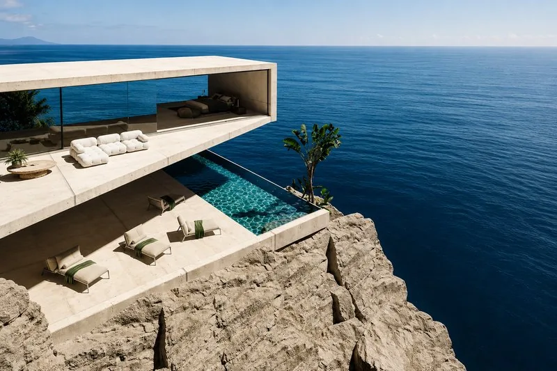 Villa architecture over the cliffside, natural materials and open living